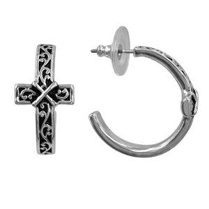 Swirl Designer Look Cross Silver Tone Hoop Earrings